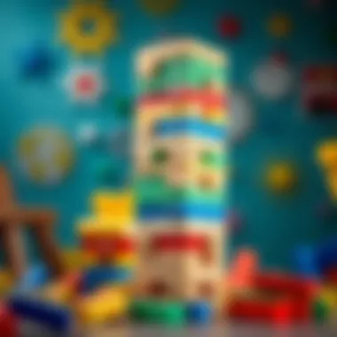 Jenga tower in play with colorful blocks