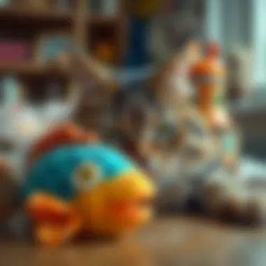 Close-up of a cat playing with a plush fish toy