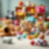 A collection of various cat toys arranged creatively