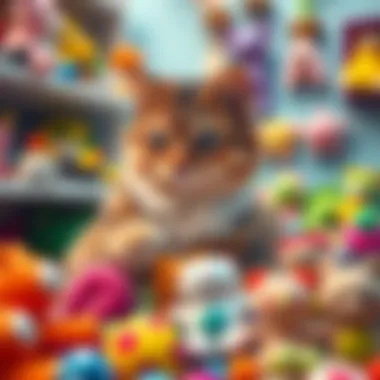 A cat owner selecting toys from a colorful selection