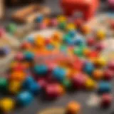 Colorful word box game pieces scattered on a table