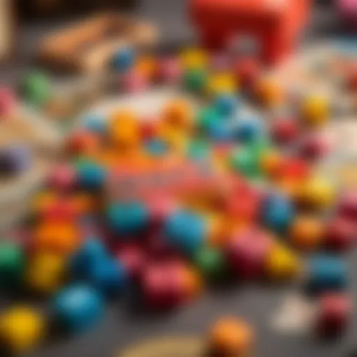 Colorful word box game pieces scattered on a table