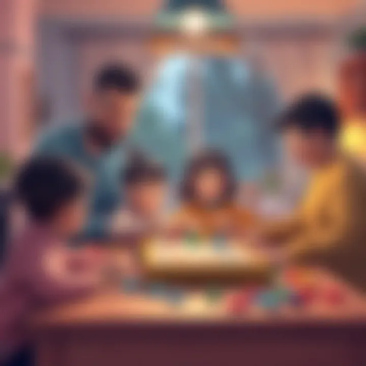 A family gathered around a table playing a word box game