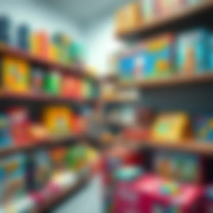 Various versions of word box games displayed on shelves