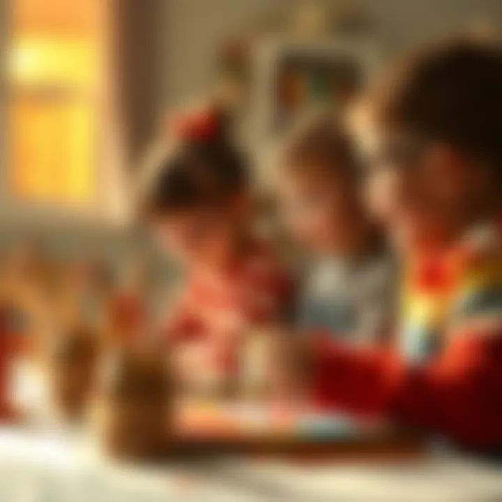 Children engaged in artistic activities with red hues