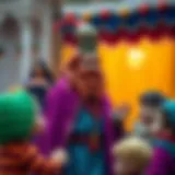 Colorful depiction of Kral Şakir in his playful robe engaging with children