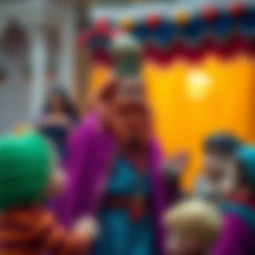 Colorful depiction of Kral Şakir in his playful robe engaging with children