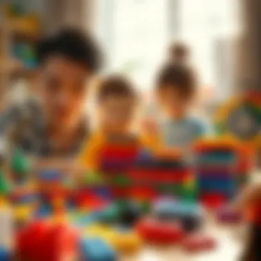 Parents and children collaborating on a Lego project