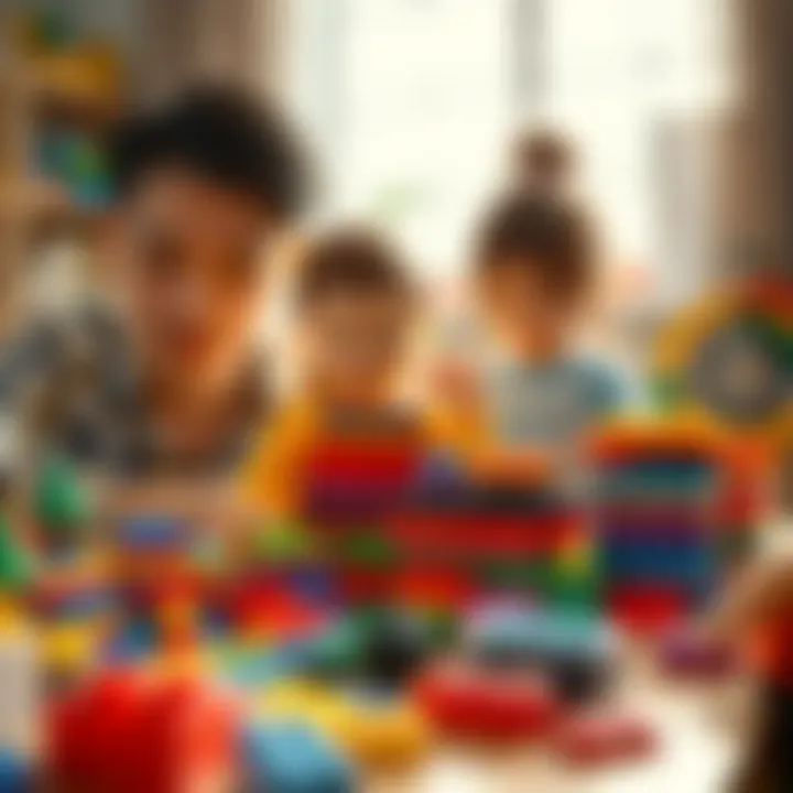 Parents and children collaborating on a Lego project