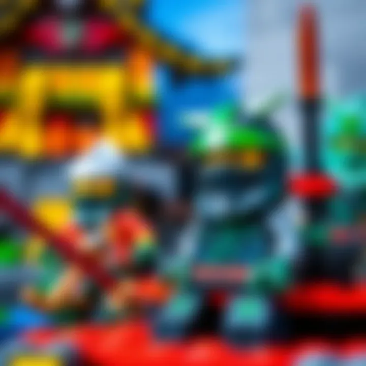 A detailed view of a Lego Ninjago set showcasing intricate designs and vibrant colors
