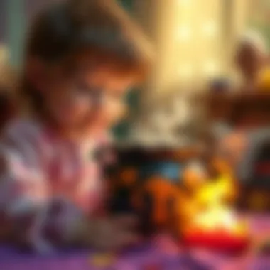 A child engaged in magical play with a colorful cauldron.