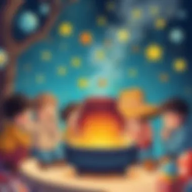 A group of children marveling at the magical effects of the cauldron.
