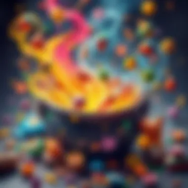 Vibrant elements swirling around the cauldron, representing creativity.