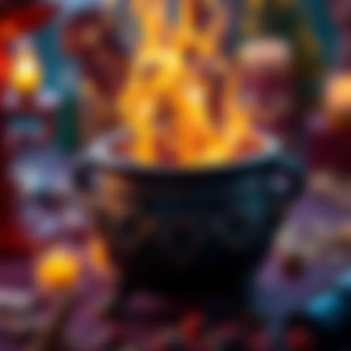 A close-up of the enchanting cauldron with magical sparks.