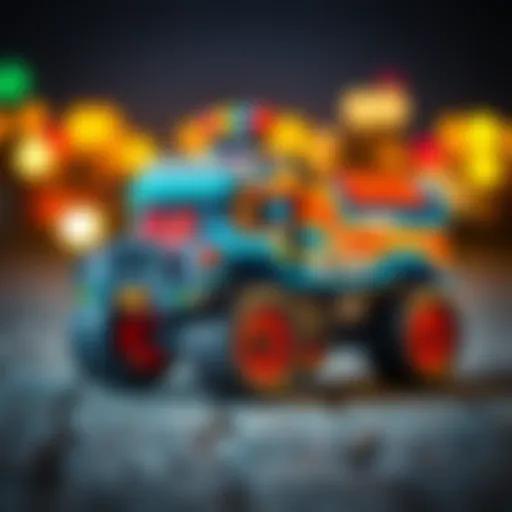 A vibrant illustration of a monster truck carrier showcasing its unique design and functionality.