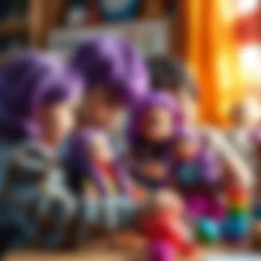 Children playing with purple-haired dolls, enhancing their creativity