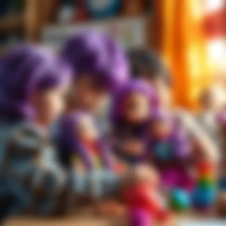 Children playing with purple-haired dolls, enhancing their creativity