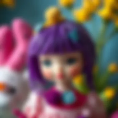 A close-up of a beautifully designed purple-haired doll emphasizing artistic details