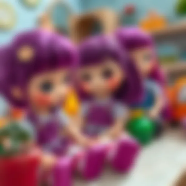 Educational features of purple-haired dolls illustrated in a playful setting