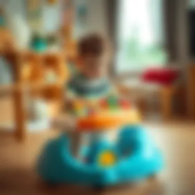 Child exploring a toy activity walker indoors