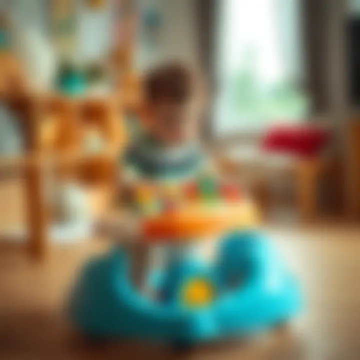 Child exploring a toy activity walker indoors