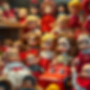 A vintage collection of toy dolls displayed elegantly.