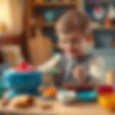 Creative Role-Play with Toy Cookware Child engaged in creative role-play with a toy cooking set