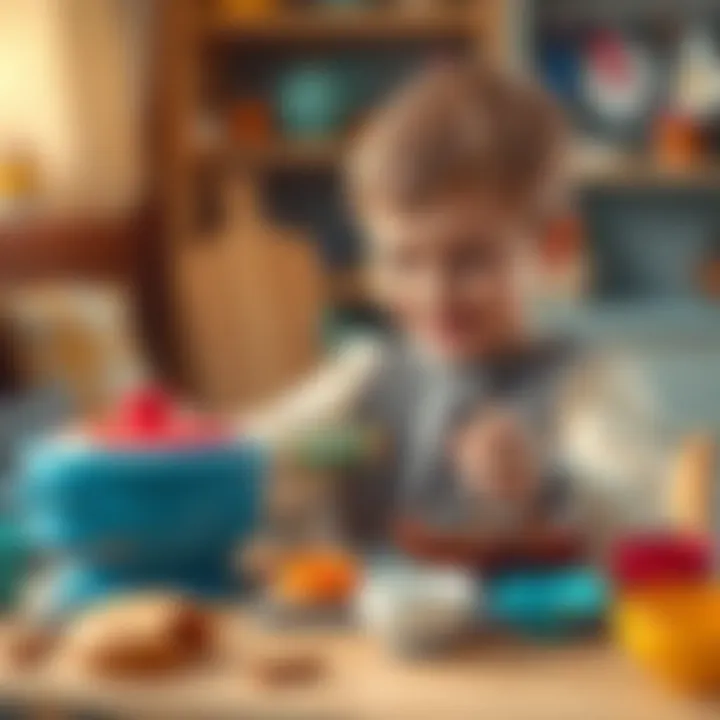 Creative Role-Play with Toy Cookware Child engaged in creative role-play with a toy cooking set