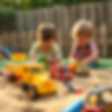 Imaginative Play in the Sandbox Children playing with toy trucks in a sandbox