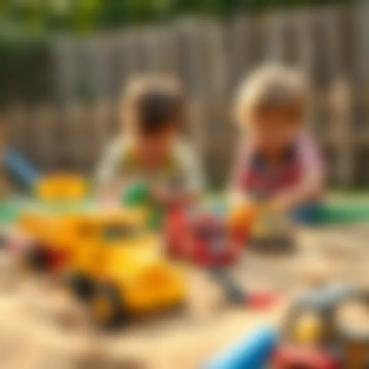 Imaginative Play in the Sandbox Children playing with toy trucks in a sandbox