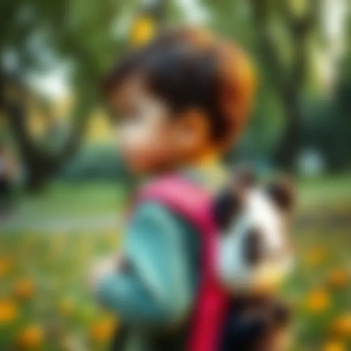 Child using a panda backpack in a park