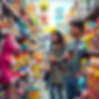 Parents selecting toys in a colorful store aisle