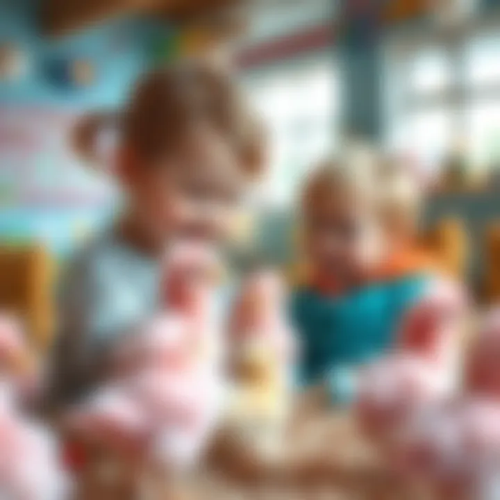 Children interacting with pink chicks in a learning environment