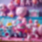 A vibrant pink glittery toy collection displayed creatively