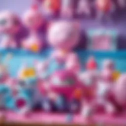 A vibrant pink glittery toy collection displayed creatively