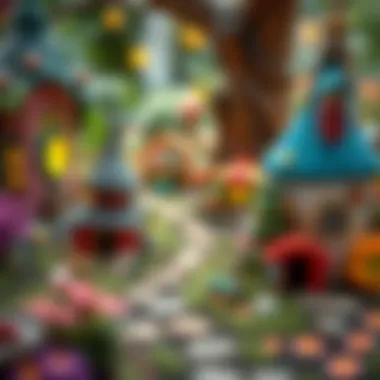 An enchanting scene of a fairy garden adorned with tiny houses and pathways