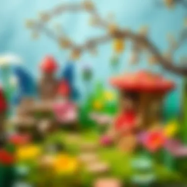 A serene fairy garden highlighted by vibrant flowers and decorative elements