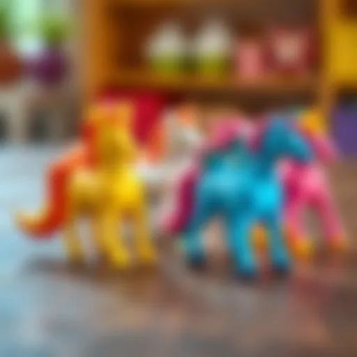 Colorful plastic unicorn toys on a wooden surface