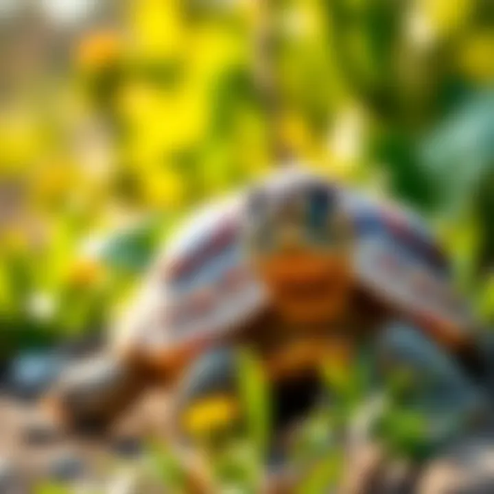 A vibrant red-footed tortoise basking in the sun