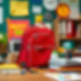 A vibrant red school bag resting on a desk filled with books and stationery.