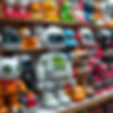A diverse range of robotic toys displayed on a shelf for selection.