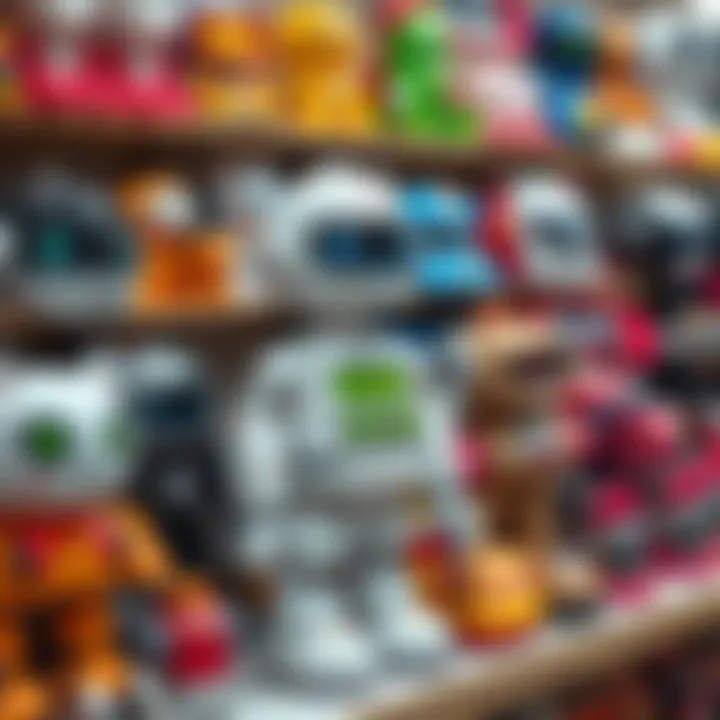 A diverse range of robotic toys displayed on a shelf for selection.
