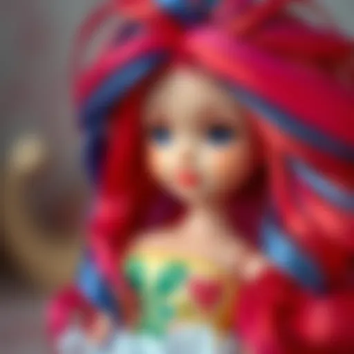 A beautifully crafted doll with vibrant hair, showcasing the intricate details of its design.