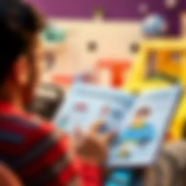 An adult reading a guide on safe toy choices with a car pillow in the background.