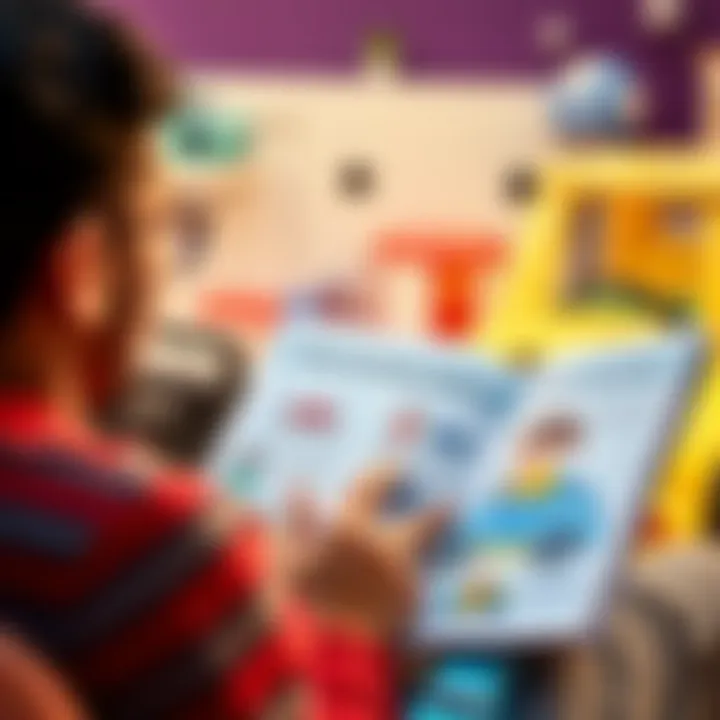 An adult reading a guide on safe toy choices with a car pillow in the background.