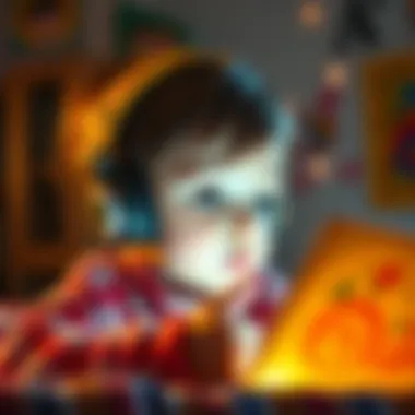 A child listening to an audiobook with headphones, immersed in a story.