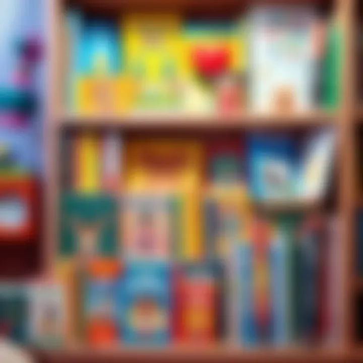 A colorful bookshelf filled with a variety of audiobooks for children.