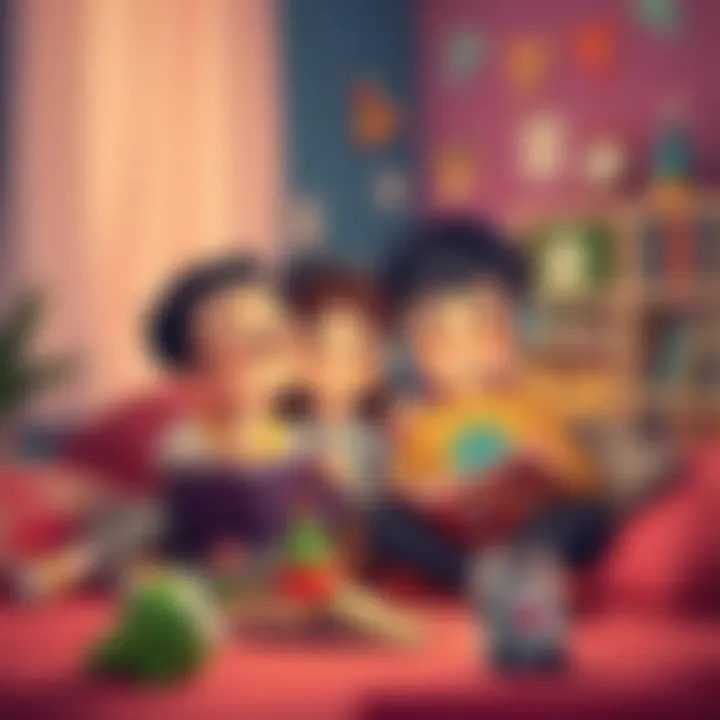 A family enjoying storytime together with an audiobook playing.