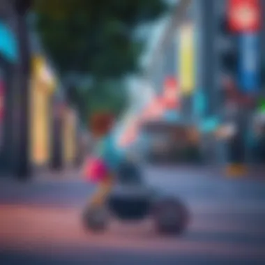 Parent using single wheel stroller in urban environment