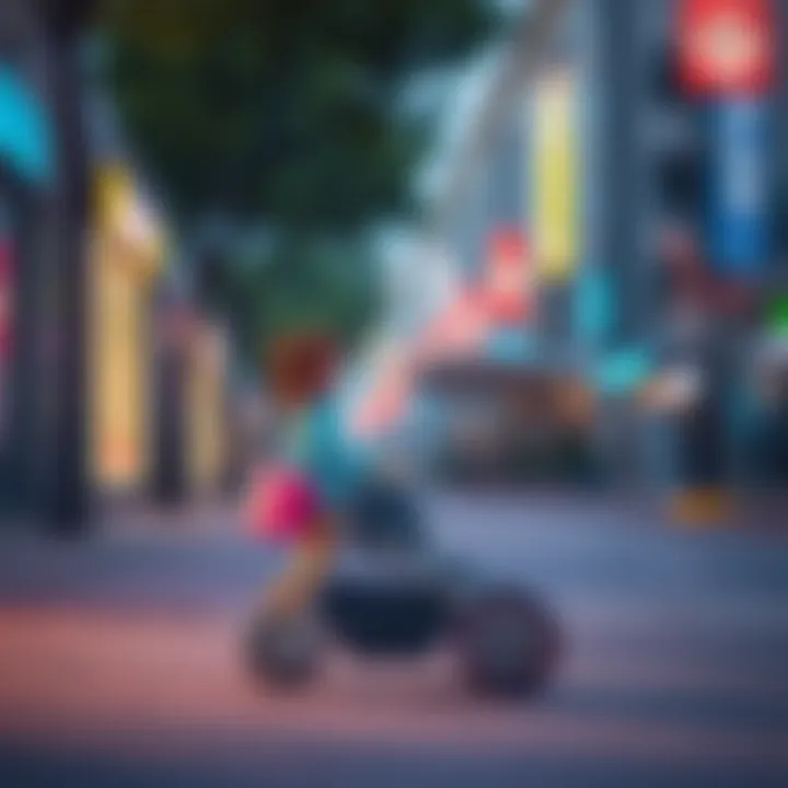 Parent using single wheel stroller in urban environment